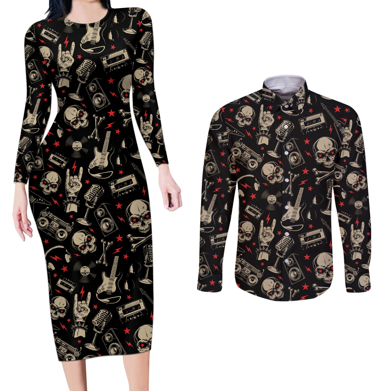 Rock And Roll Skull Pattern Design Couples Matching Long Sleeve Bodycon Dress and Long Sleeve Button Shirts - Wonder Print Shop