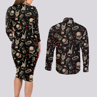 Rock And Roll Skull Pattern Design Couples Matching Long Sleeve Bodycon Dress and Long Sleeve Button Shirts - Wonder Print Shop