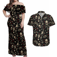 Rock And Roll Skull Pattern Design Couples Matching Off Shoulder Maxi Dress and Hawaiian Shirt - Wonder Print Shop
