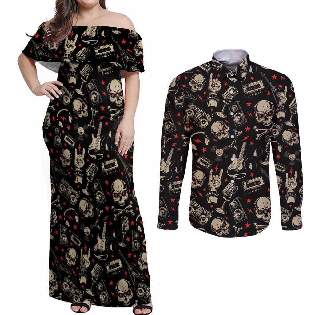 Rock And Roll Skull Pattern Design Couples Matching Off Shoulder Maxi Dress and Long Sleeve Button Shirts - Wonder Print Shop