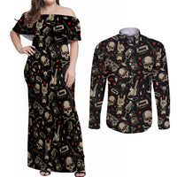 Rock And Roll Skull Pattern Design Couples Matching Off Shoulder Maxi Dress and Long Sleeve Button Shirts - Wonder Print Shop