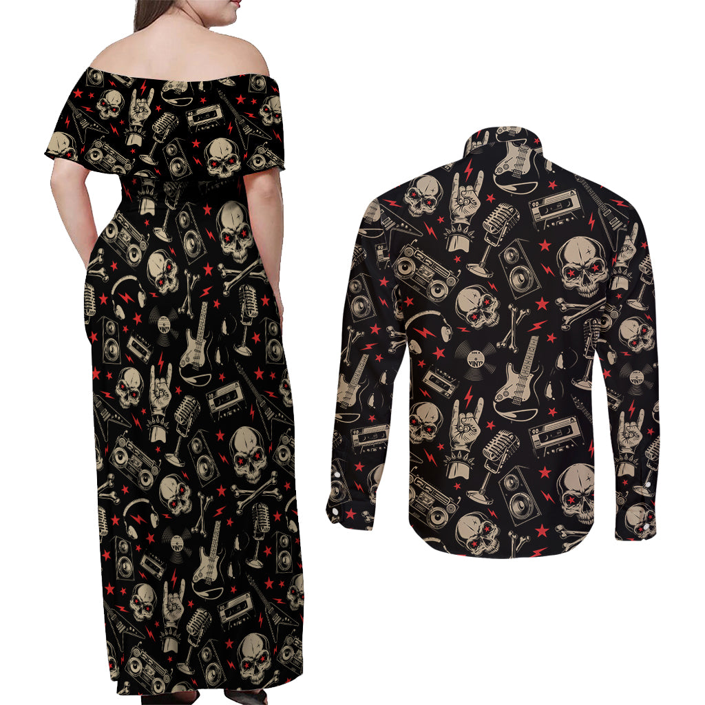 Rock And Roll Skull Pattern Design Couples Matching Off Shoulder Maxi Dress and Long Sleeve Button Shirts - Wonder Print Shop