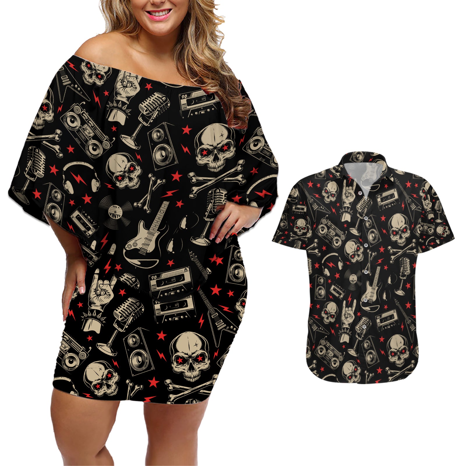 Rock And Roll Skull Pattern Design Couples Matching Off Shoulder Short Dress and Hawaiian Shirt - Wonder Print Shop