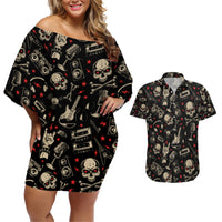 Rock And Roll Skull Pattern Design Couples Matching Off Shoulder Short Dress and Hawaiian Shirt - Wonder Print Shop