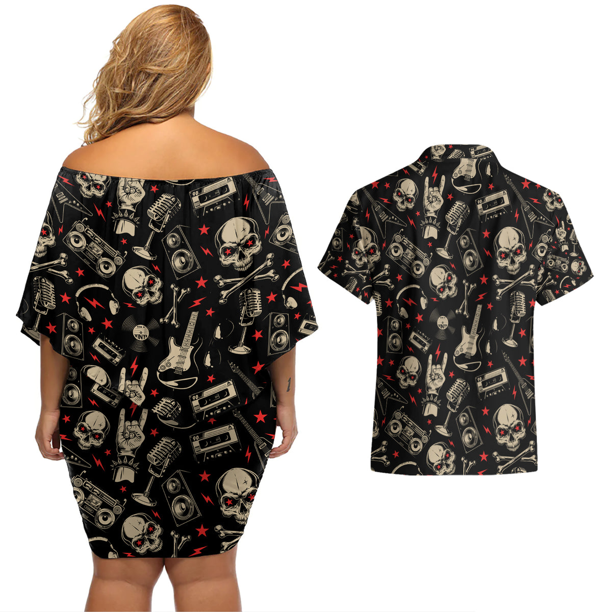 Rock And Roll Skull Pattern Design Couples Matching Off Shoulder Short Dress and Hawaiian Shirt - Wonder Print Shop