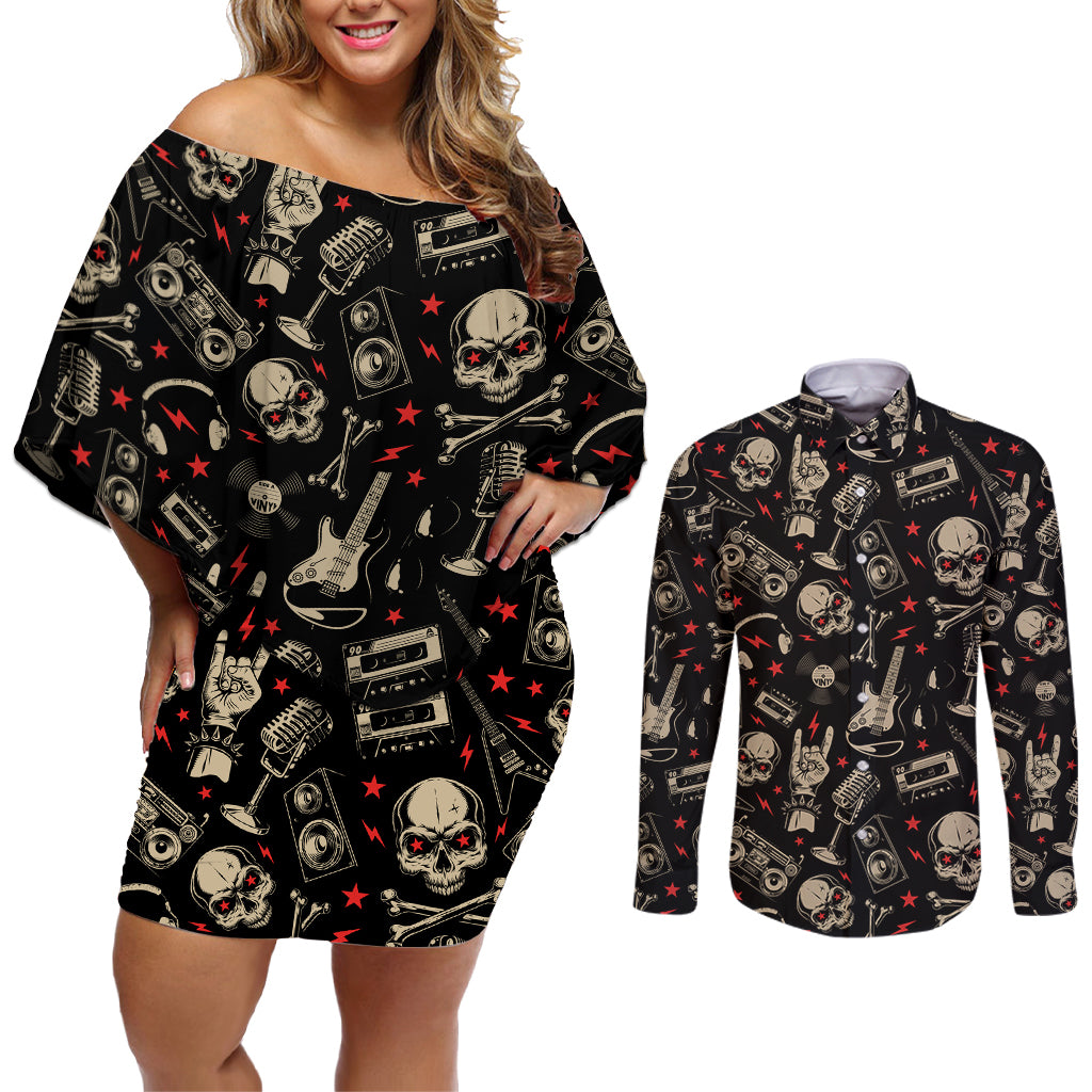 Rock And Roll Skull Pattern Design Couples Matching Off Shoulder Short Dress and Long Sleeve Button Shirts - Wonder Print Shop