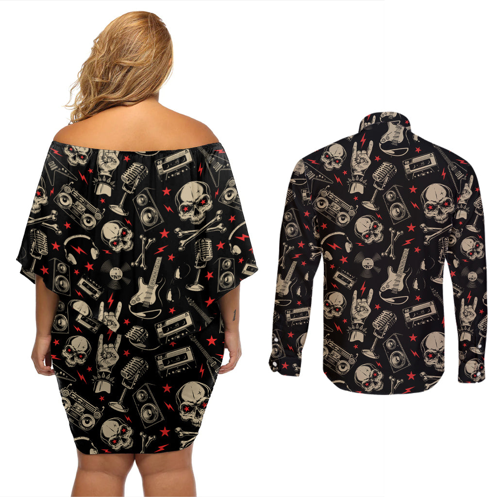 Rock And Roll Skull Pattern Design Couples Matching Off Shoulder Short Dress and Long Sleeve Button Shirts - Wonder Print Shop