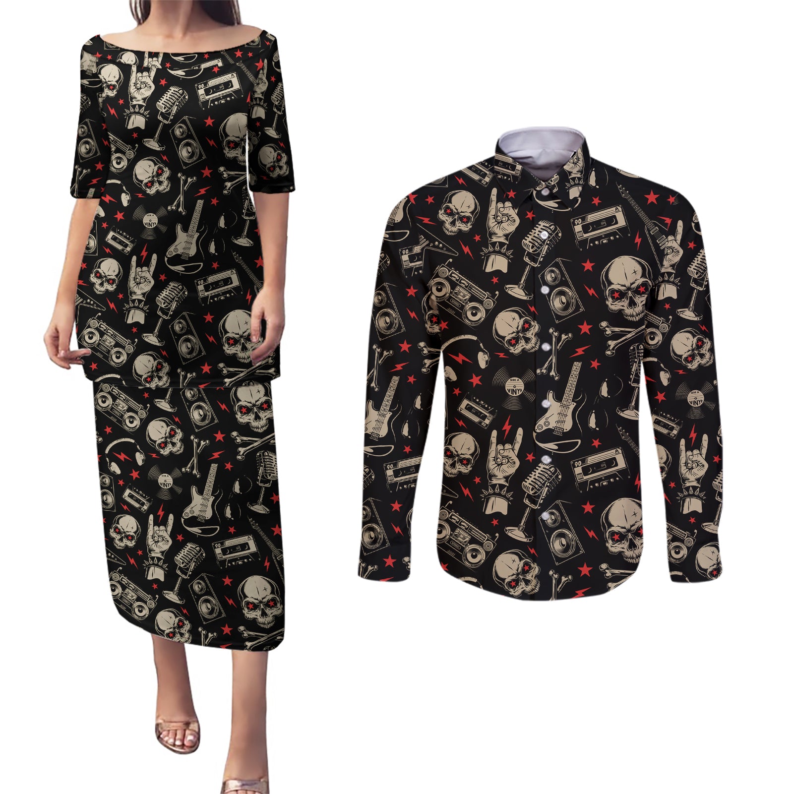 Rock And Roll Skull Pattern Design Couples Matching Puletasi Dress and Long Sleeve Button Shirts - Wonder Print Shop