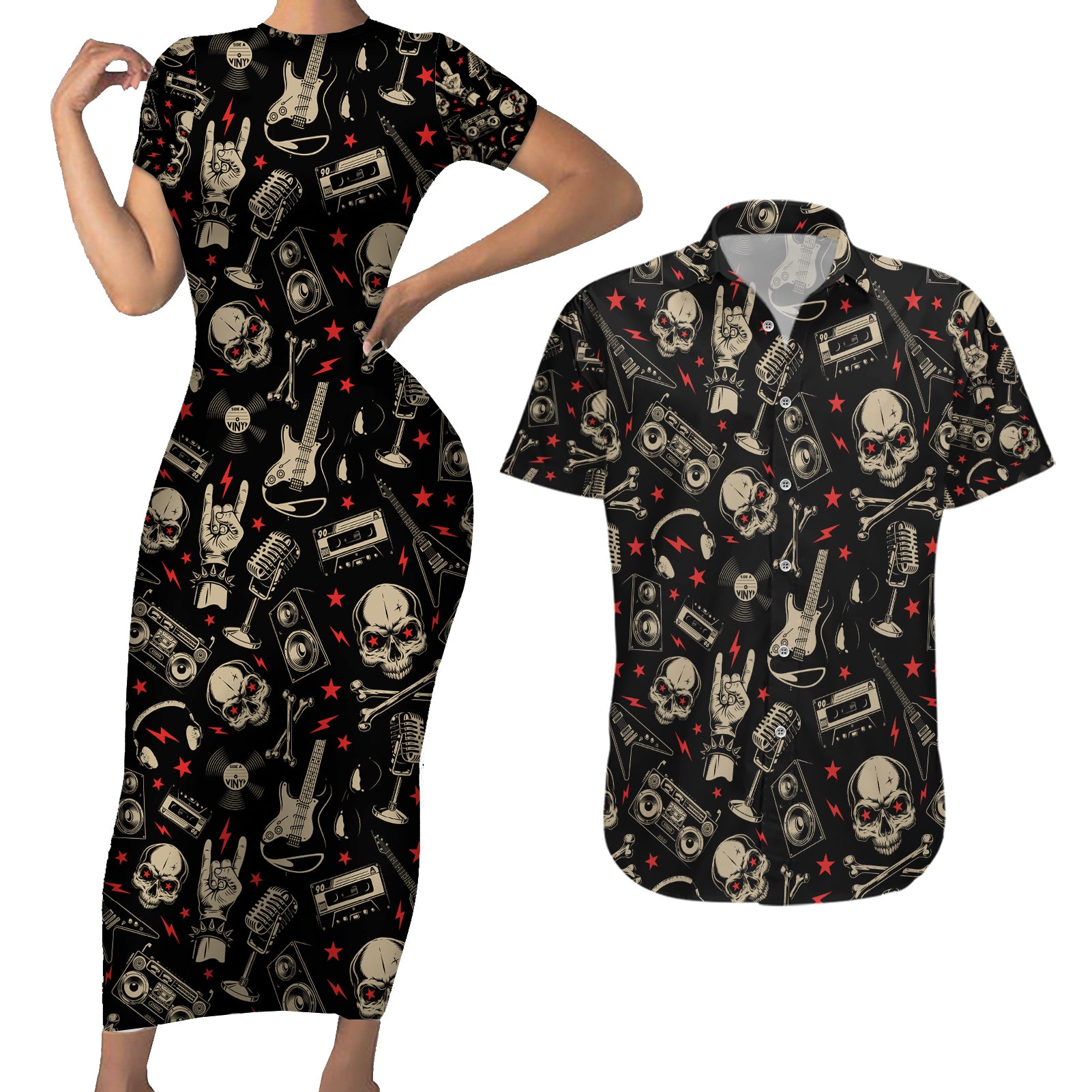 Rock And Roll Skull Pattern Design Couples Matching Short Sleeve Bodycon Dress and Hawaiian Shirt - Wonder Print Shop