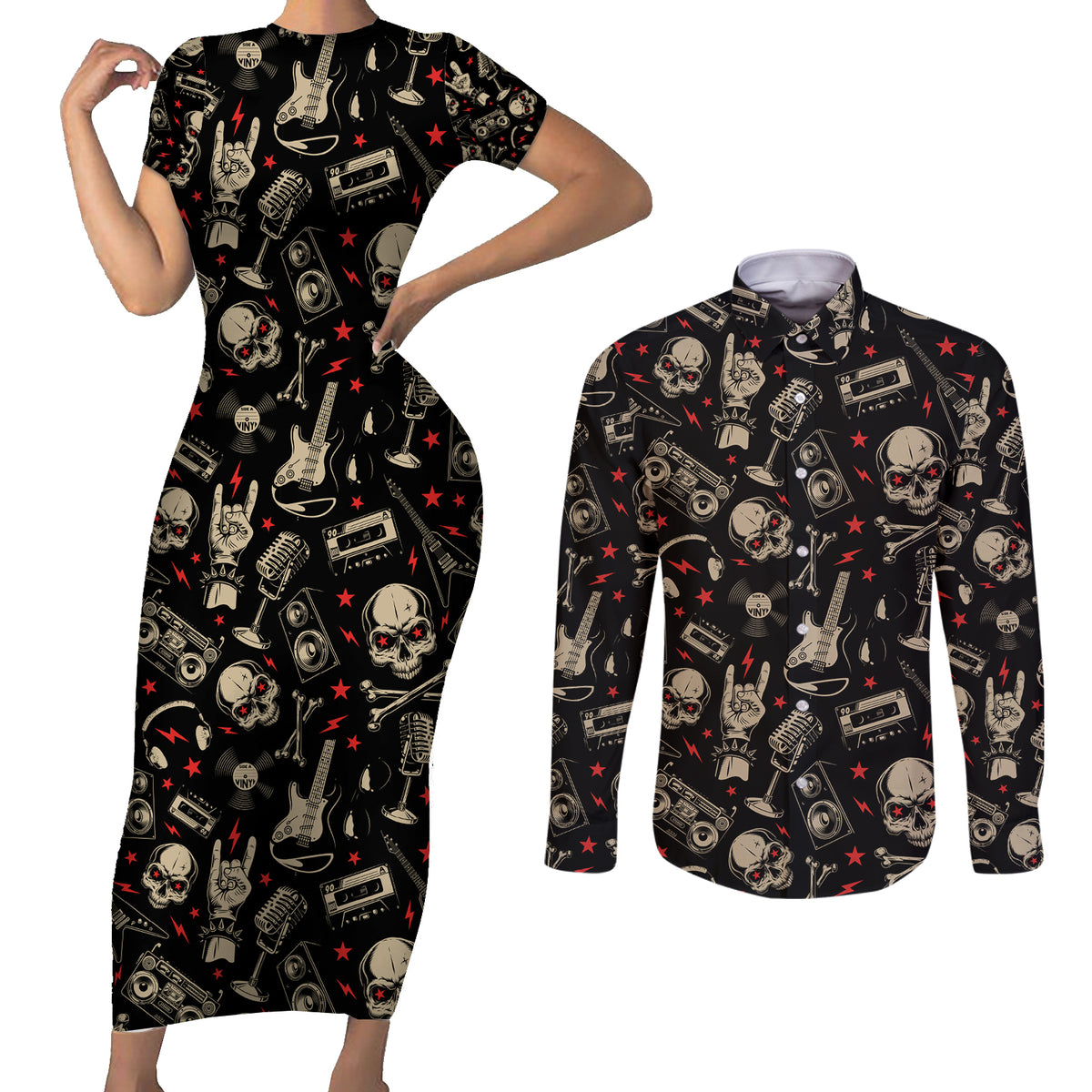 Rock And Roll Skull Pattern Design Couples Matching Short Sleeve Bodycon Dress and Long Sleeve Button Shirts - Wonder Print Shop