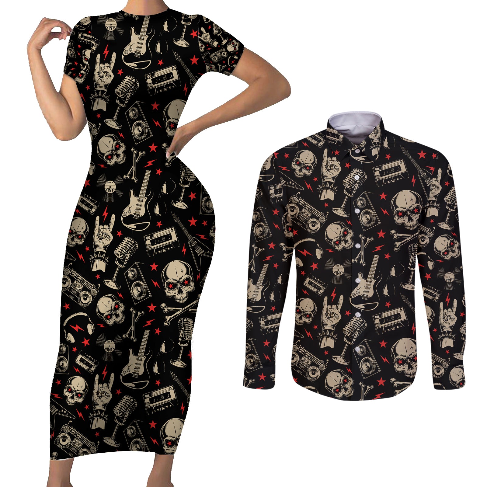 Rock And Roll Skull Pattern Design Couples Matching Short Sleeve Bodycon Dress and Long Sleeve Button Shirts - Wonder Print Shop