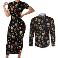 Rock And Roll Skull Pattern Design Couples Matching Short Sleeve Bodycon Dress and Long Sleeve Button Shirts - Wonder Print Shop