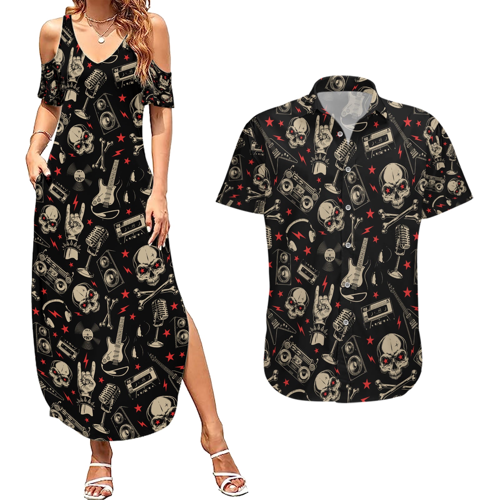 Rock And Roll Skull Pattern Design Couples Matching Summer Maxi Dress and Hawaiian Shirt - Wonder Print Shop
