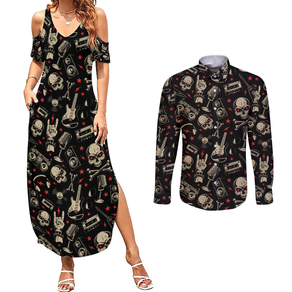 Rock And Roll Skull Pattern Design Couples Matching Summer Maxi Dress and Long Sleeve Button Shirts - Wonder Print Shop