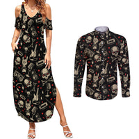 Rock And Roll Skull Pattern Design Couples Matching Summer Maxi Dress and Long Sleeve Button Shirts - Wonder Print Shop