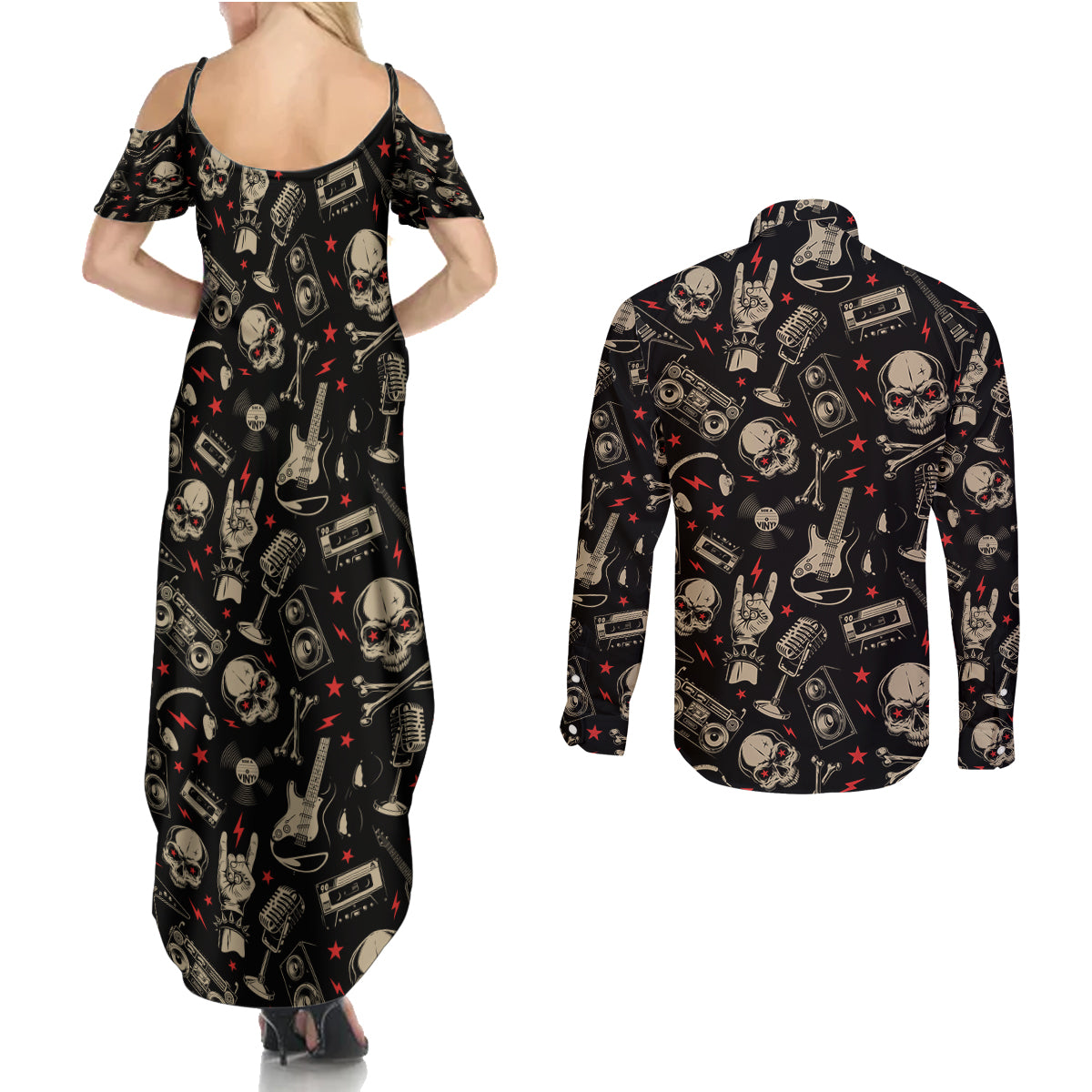Rock And Roll Skull Pattern Design Couples Matching Summer Maxi Dress and Long Sleeve Button Shirts - Wonder Print Shop
