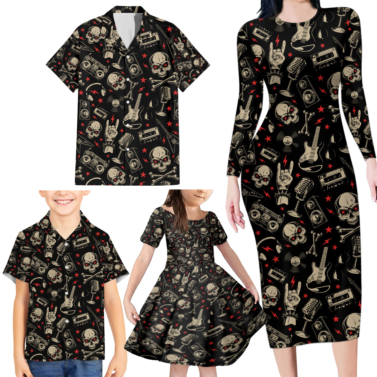 Rock And Roll Skull Pattern Design Family Matching Long Sleeve Bodycon Dress and Hawaiian Shirt - Wonder Print Shop
