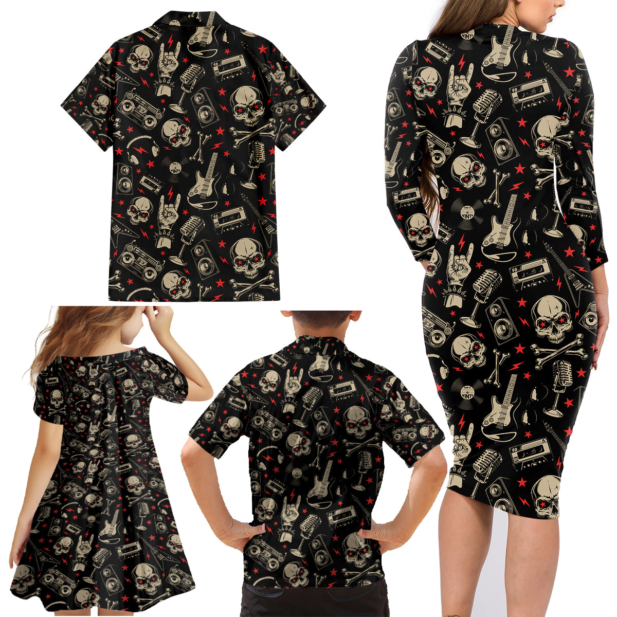Rock And Roll Skull Pattern Design Family Matching Long Sleeve Bodycon Dress and Hawaiian Shirt - Wonder Print Shop