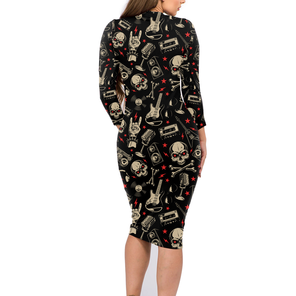 Rock And Roll Skull Pattern Design Family Matching Long Sleeve Bodycon Dress and Hawaiian Shirt - Wonder Print Shop