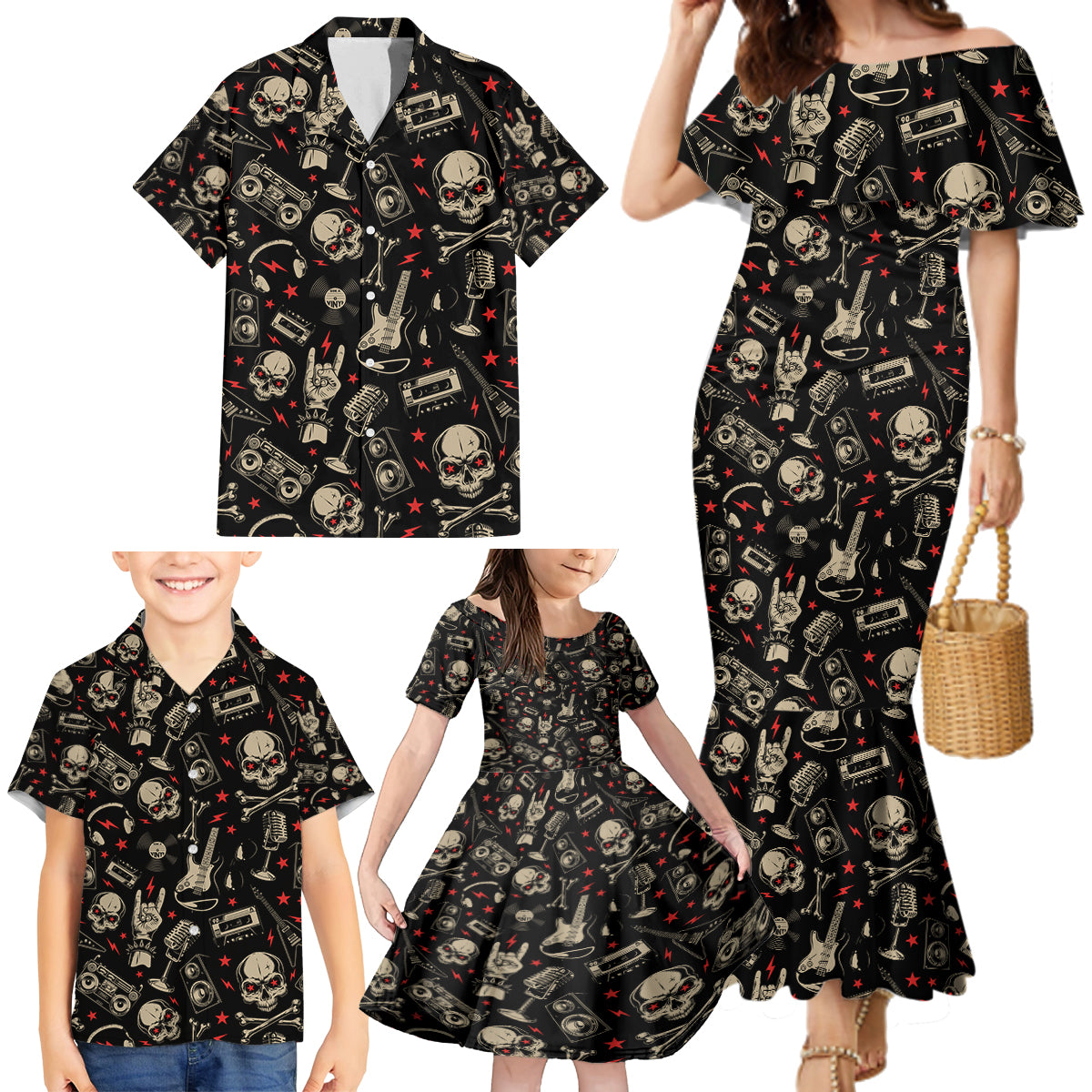 Rock And Roll Skull Pattern Design Family Matching Mermaid Dress and Hawaiian Shirt - Wonder Print Shop