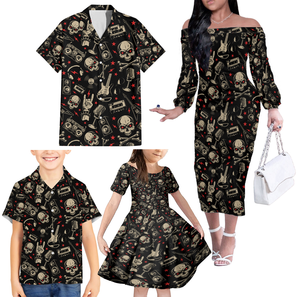 Rock And Roll Skull Pattern Design Family Matching Off Shoulder Long Sleeve Dress and Hawaiian Shirt - Wonder Print Shop