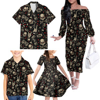Rock And Roll Skull Pattern Design Family Matching Off Shoulder Long Sleeve Dress and Hawaiian Shirt - Wonder Print Shop