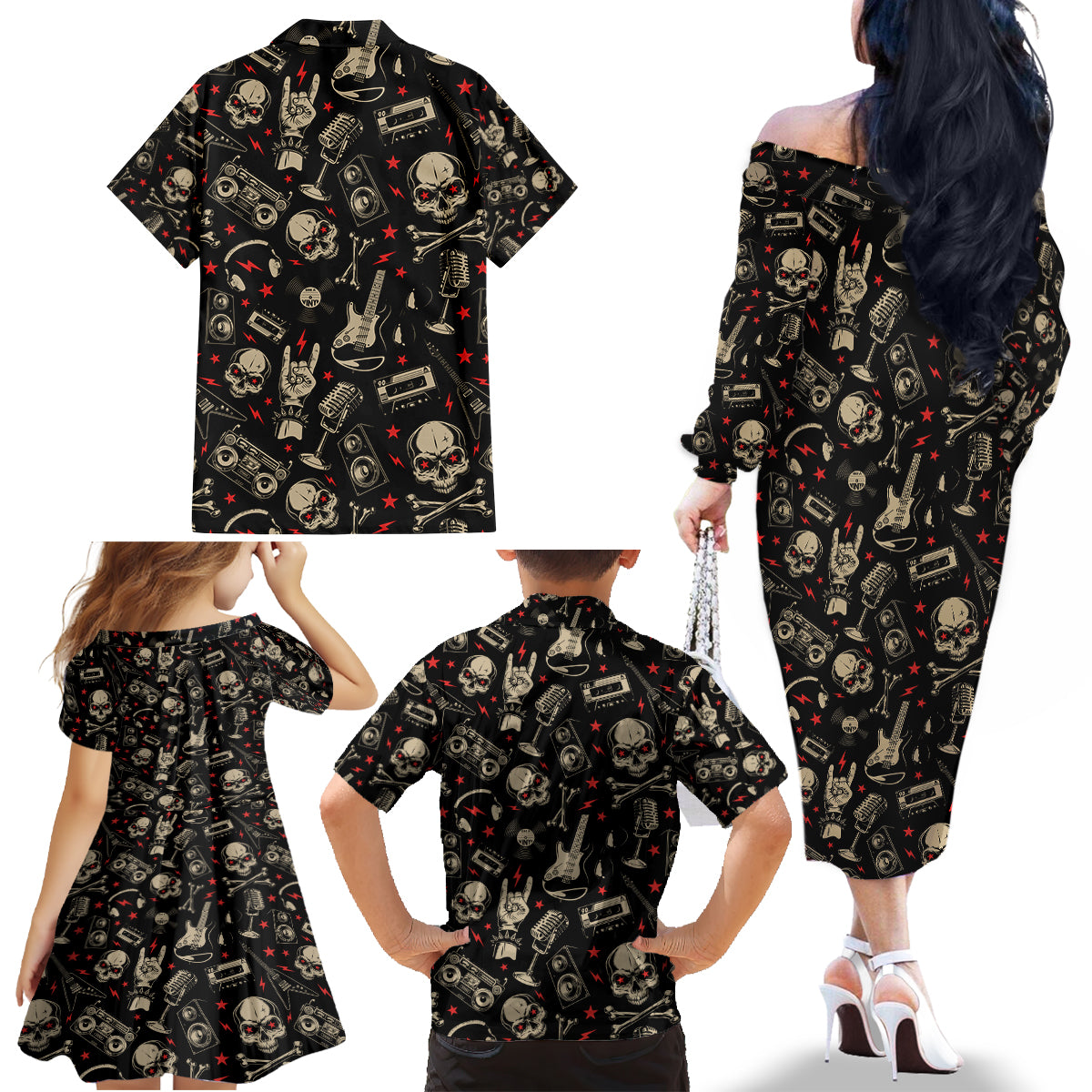Rock And Roll Skull Pattern Design Family Matching Off Shoulder Long Sleeve Dress and Hawaiian Shirt - Wonder Print Shop