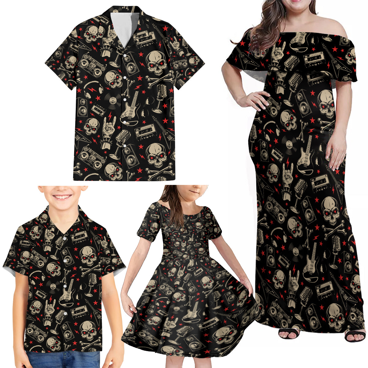 Rock And Roll Skull Pattern Design Family Matching Off Shoulder Maxi Dress and Hawaiian Shirt - Wonder Print Shop