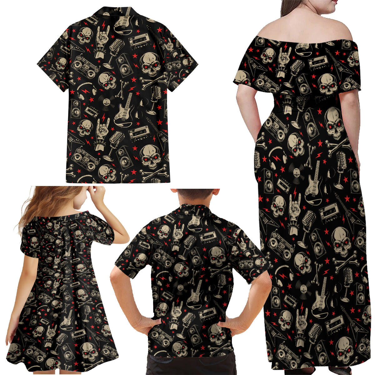 Rock And Roll Skull Pattern Design Family Matching Off Shoulder Maxi Dress and Hawaiian Shirt - Wonder Print Shop