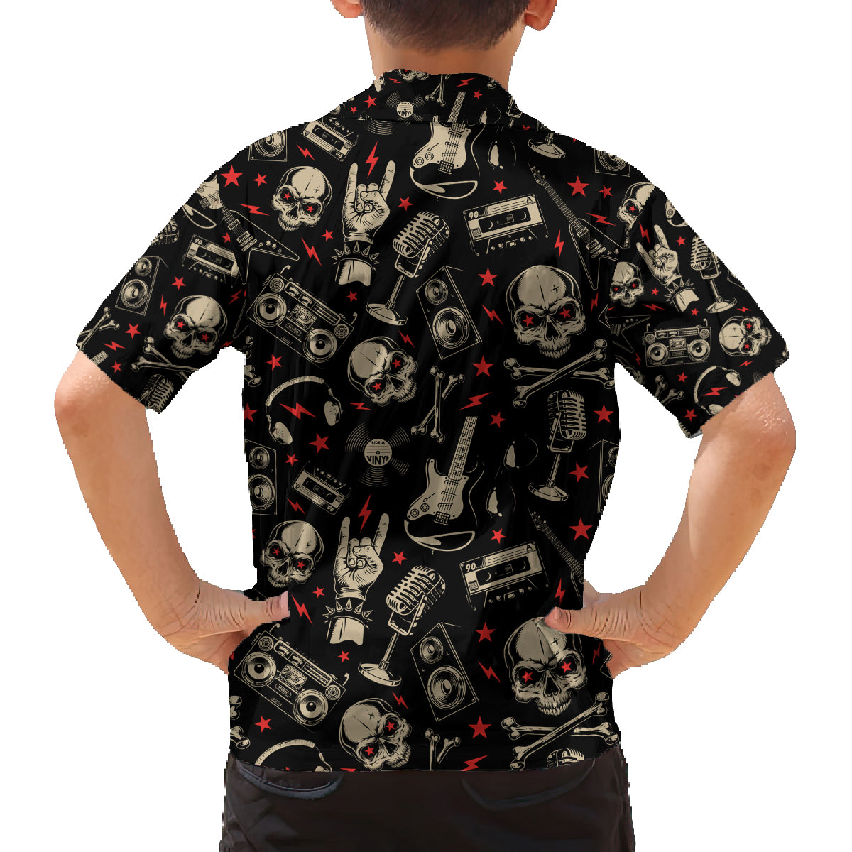 Rock And Roll Skull Pattern Design Family Matching Off Shoulder Short Dress and Hawaiian Shirt - Wonder Print Shop