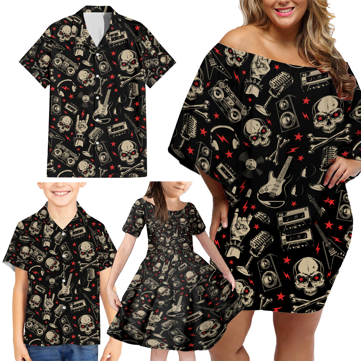 Rock And Roll Skull Pattern Design Family Matching Off Shoulder Short Dress and Hawaiian Shirt - Wonder Print Shop