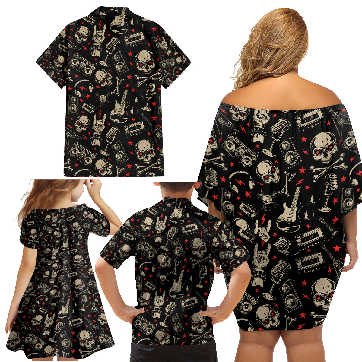 Rock And Roll Skull Pattern Design Family Matching Off Shoulder Short Dress and Hawaiian Shirt - Wonder Print Shop