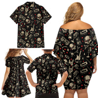 Rock And Roll Skull Pattern Design Family Matching Off Shoulder Short Dress and Hawaiian Shirt - Wonder Print Shop