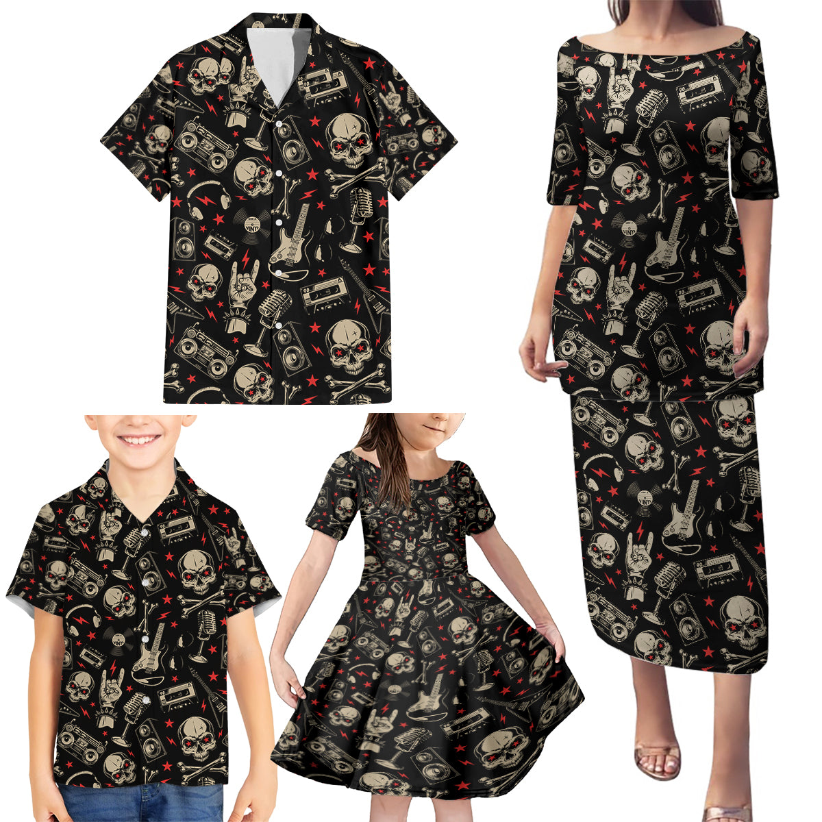 Rock And Roll Skull Pattern Design Family Matching Puletasi Dress and Hawaiian Shirt - Wonder Print Shop