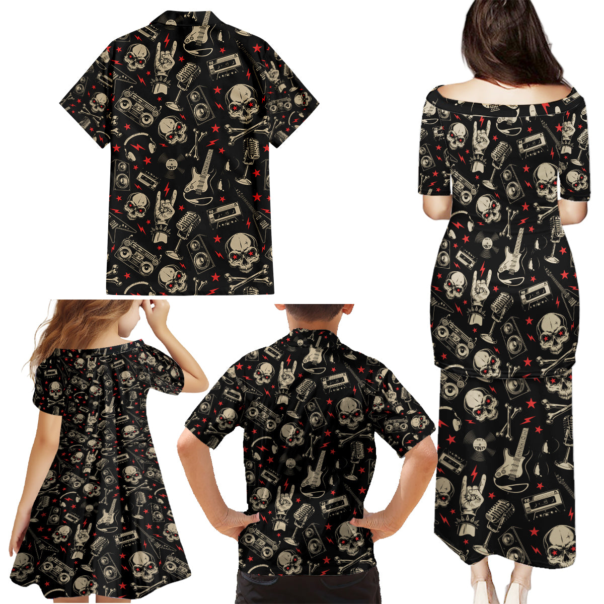 Rock And Roll Skull Pattern Design Family Matching Puletasi Dress and Hawaiian Shirt - Wonder Print Shop