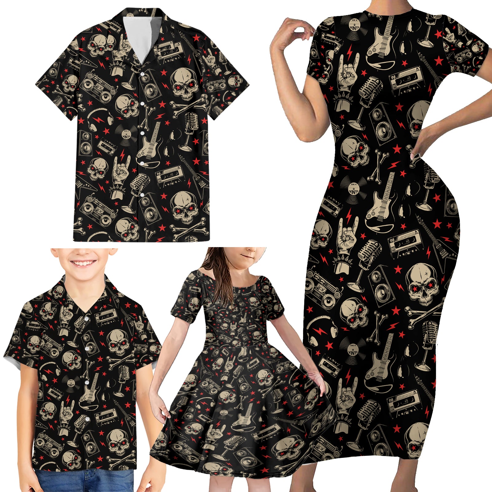 Rock And Roll Skull Pattern Design Family Matching Short Sleeve Bodycon Dress and Hawaiian Shirt - Wonder Print Shop