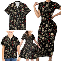 Rock And Roll Skull Pattern Design Family Matching Short Sleeve Bodycon Dress and Hawaiian Shirt - Wonder Print Shop