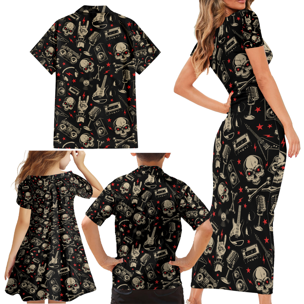 Rock And Roll Skull Pattern Design Family Matching Short Sleeve Bodycon Dress and Hawaiian Shirt - Wonder Print Shop