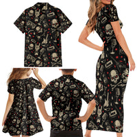 Rock And Roll Skull Pattern Design Family Matching Short Sleeve Bodycon Dress and Hawaiian Shirt - Wonder Print Shop