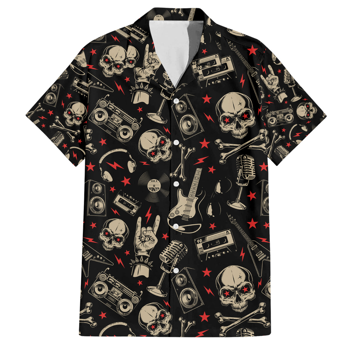 Rock And Roll Skull Pattern Design Family Matching Short Sleeve Bodycon Dress and Hawaiian Shirt - Wonder Print Shop