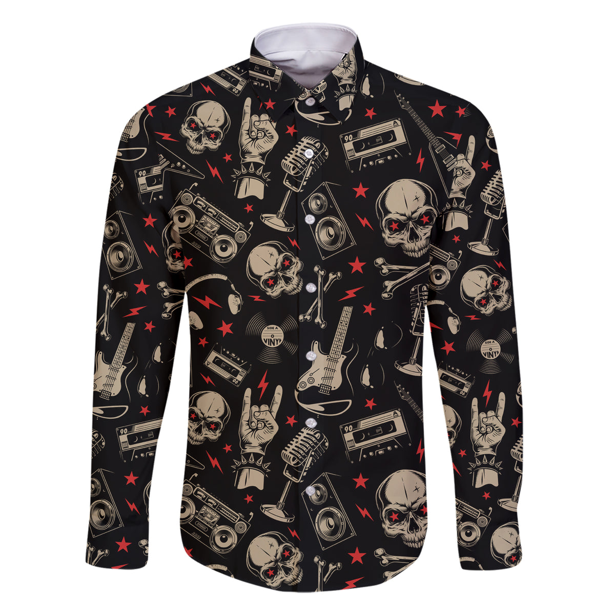 Rock And Roll Skull Pattern Design Family Matching Short Sleeve Bodycon Dress and Hawaiian Shirt - Wonder Print Shop