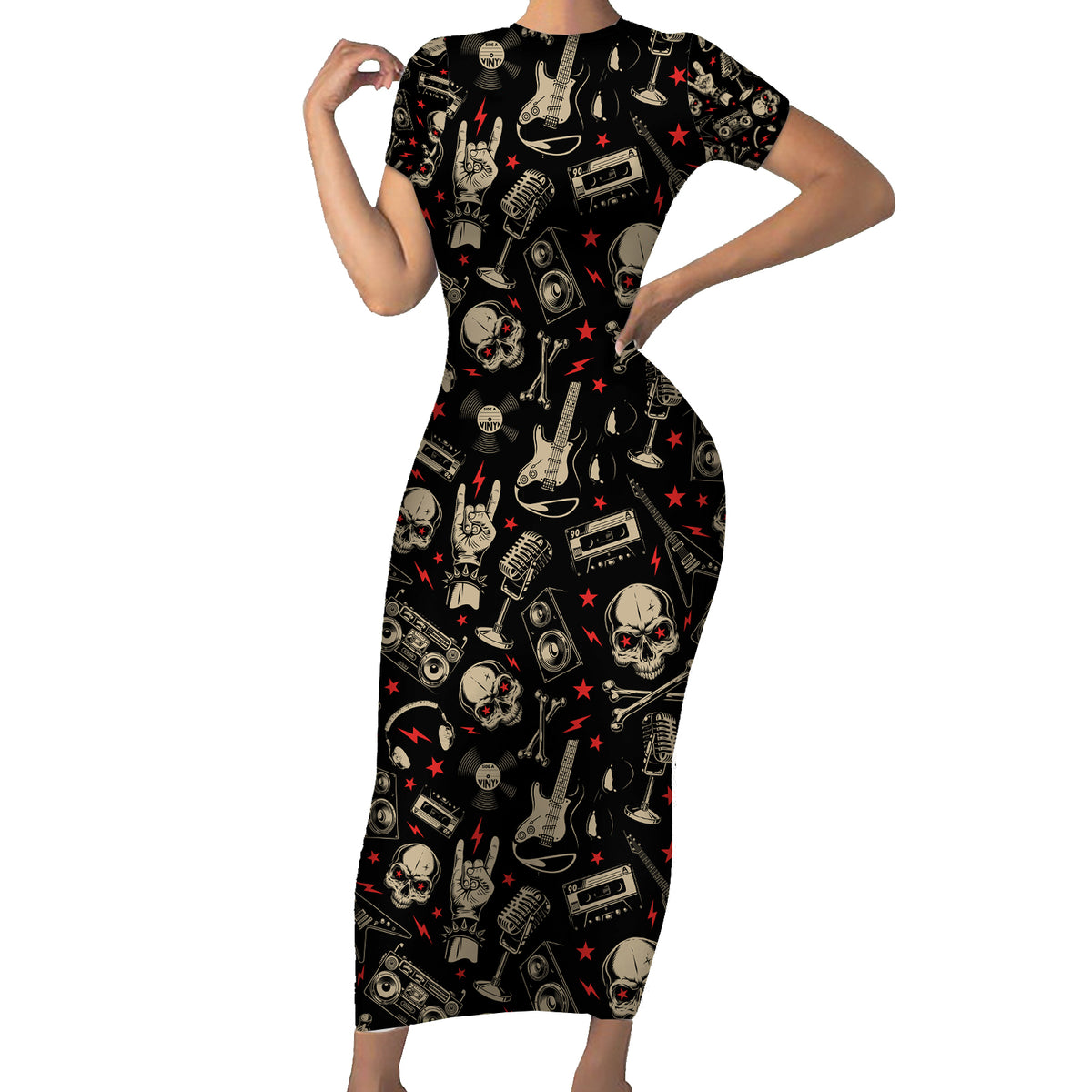 Rock And Roll Skull Pattern Design Family Matching Short Sleeve Bodycon Dress and Hawaiian Shirt - Wonder Print Shop