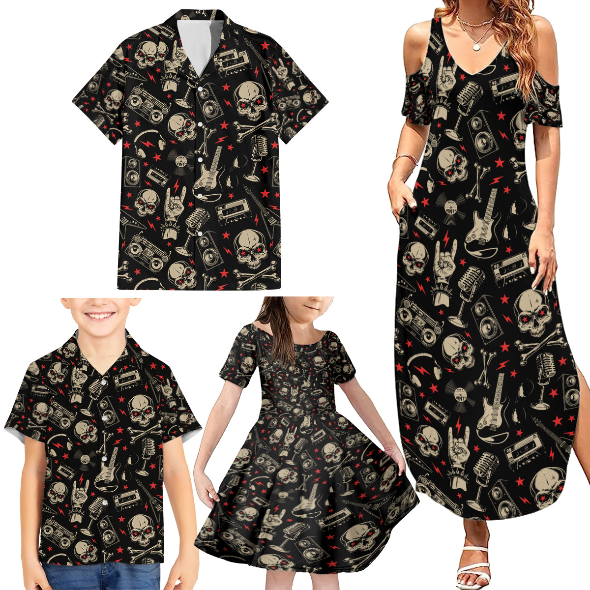 Rock And Roll Skull Pattern Design Family Matching Summer Maxi Dress and Hawaiian Shirt - Wonder Print Shop