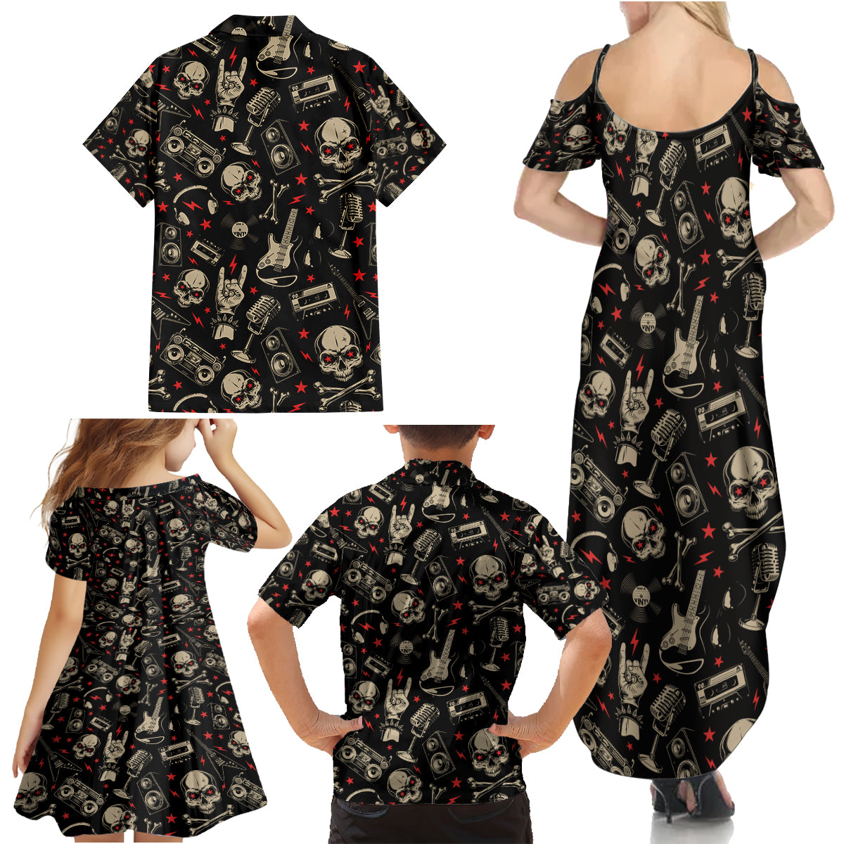 Rock And Roll Skull Pattern Design Family Matching Summer Maxi Dress and Hawaiian Shirt - Wonder Print Shop