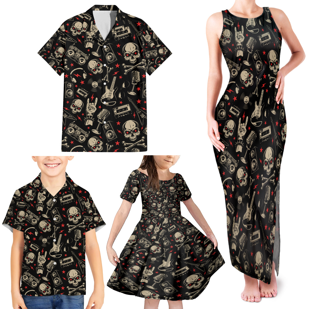 Rock And Roll Skull Pattern Design Family Matching Tank Maxi Dress and Hawaiian Shirt - Wonder Print Shop
