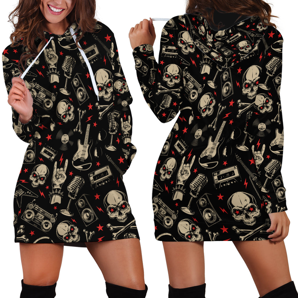 Rock And Roll Skull Pattern Design Hoodie Dress - Wonder Print Shop