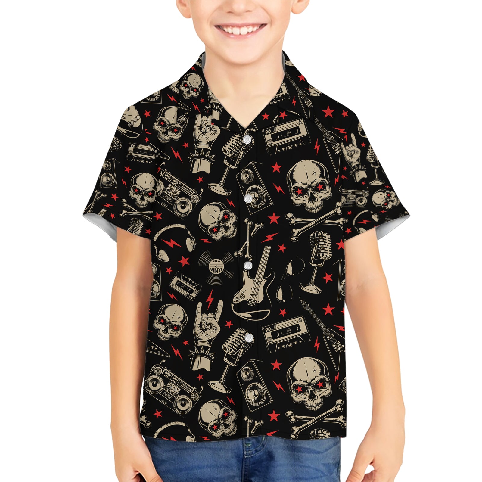 Rock And Roll Skull Pattern Design Kid Hawaiian Shirt - Wonder Print Shop