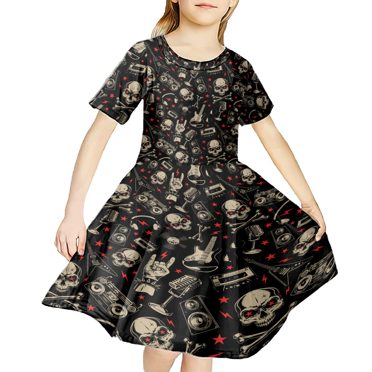 Rock And Roll Skull Pattern Design Kid Short Sleeve Dress - Wonder Print Shop