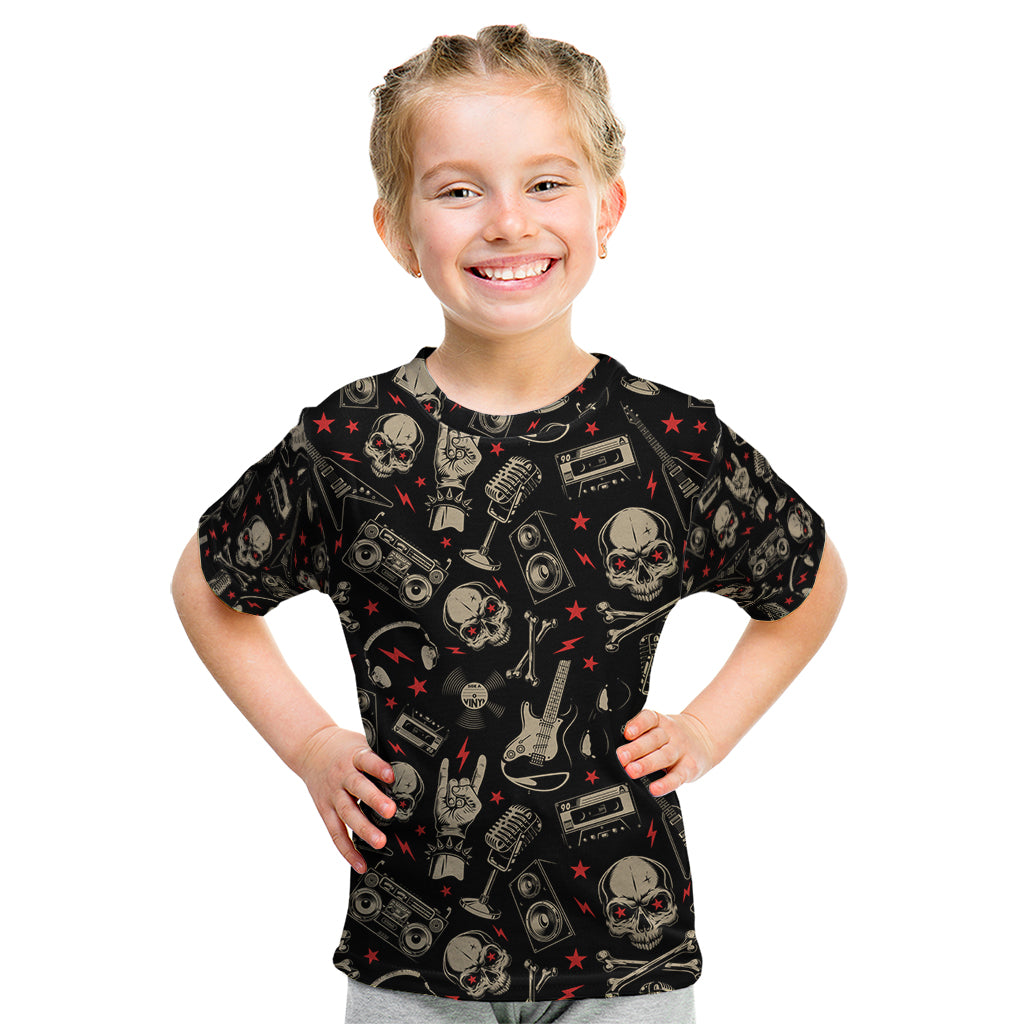 Rock And Roll Skull Pattern Design Kid T Shirt - Wonder Print Shop