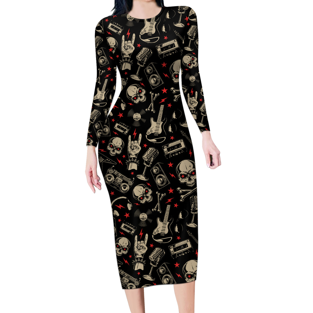 Rock And Roll Skull Pattern Design Long Sleeve Bodycon Dress - Wonder Print Shop
